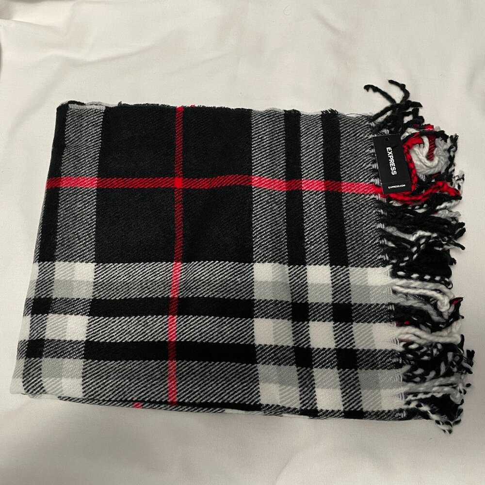 Express Scarf One Size Black Red White Plaid 100% acrylic New with Tags